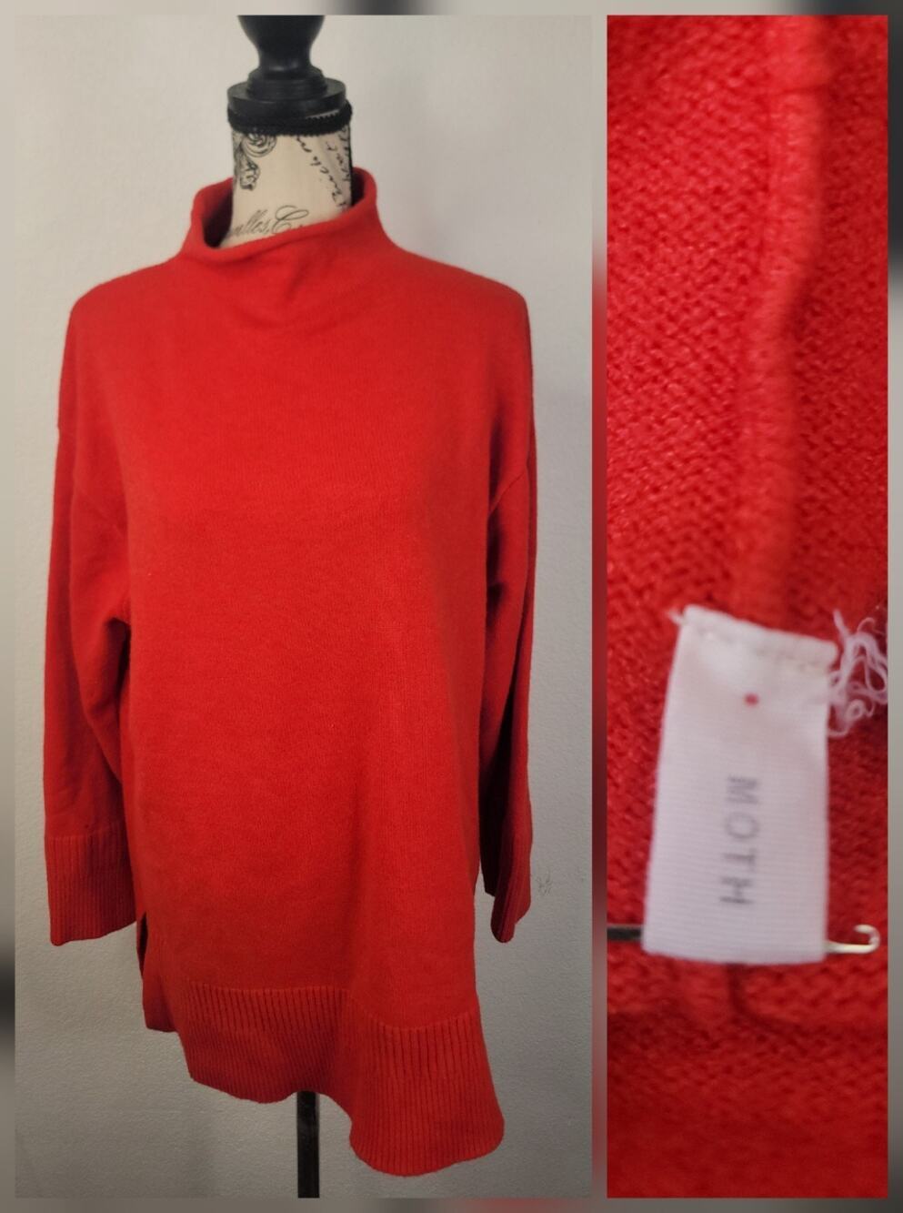 Anthropologie Moth Sweater Womens SZ M Fisherman Mock Neck Red Knit Coastal